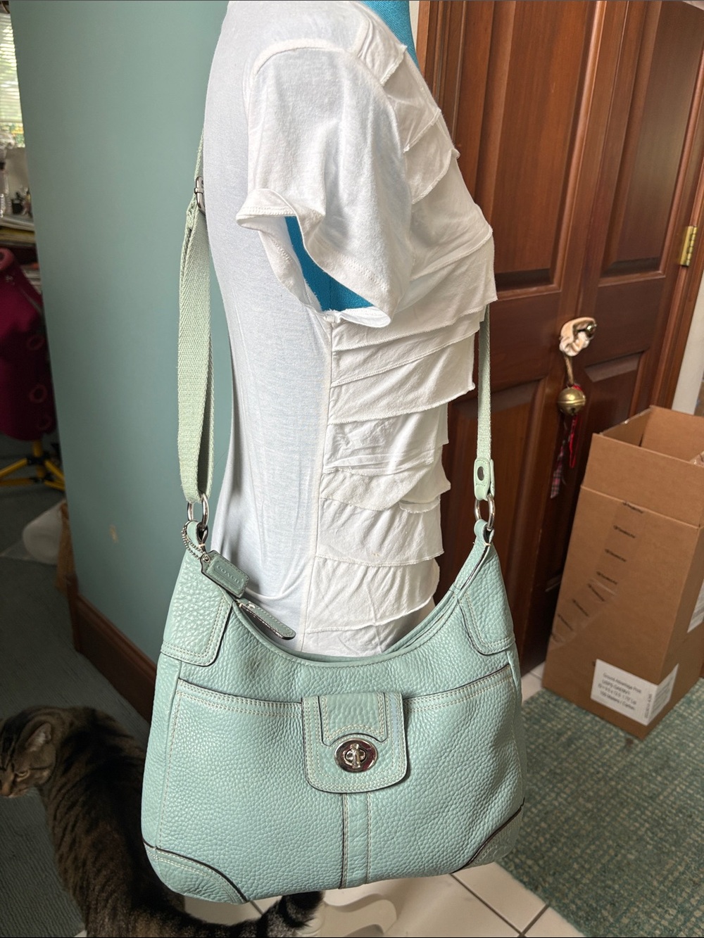 Coach shoulder bag Crossbody bag pebbled Leather icy mint green turn lock - Picture 3 of 17
